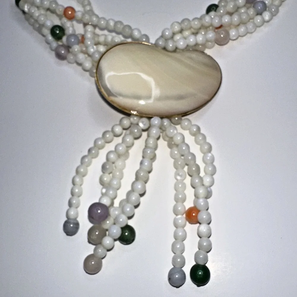 Quartz‎ Jade Shell Necklace Purple Green Beaded Multi strand Pendant Tassel